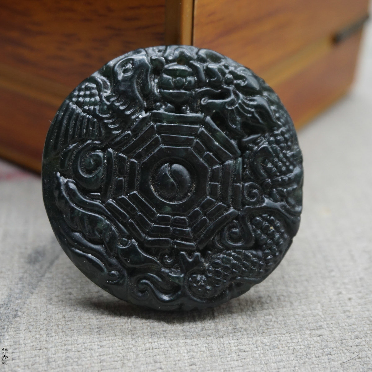 天然墨绿玉黑绿玉龙凤八卦玉坠吊坠玉挂件玉吊坠玉石玉佩玉品配饰