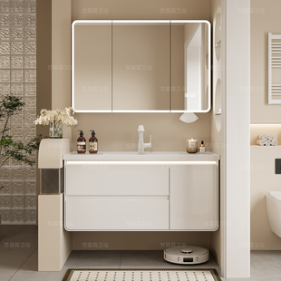 奶油风浴室柜组合陶瓷一体盆卫生间洗漱台洗脸盆洗手池多功能收纳