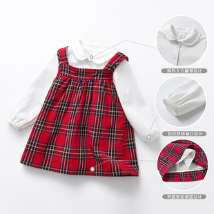 儿童春秋2024新款女宝宝连衣裙套装女童红色英伦风格子洋气背带裙