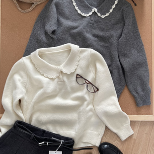 甜妹必入 手工钩花甜美花边娃娃领纽扣针织套头毛衣