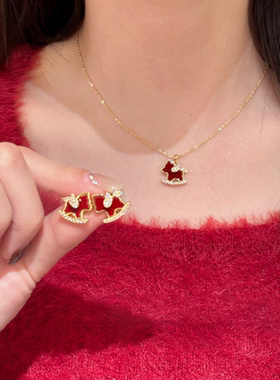 新年红色微镶锆石小马项链s925银针小马耳钉耳环