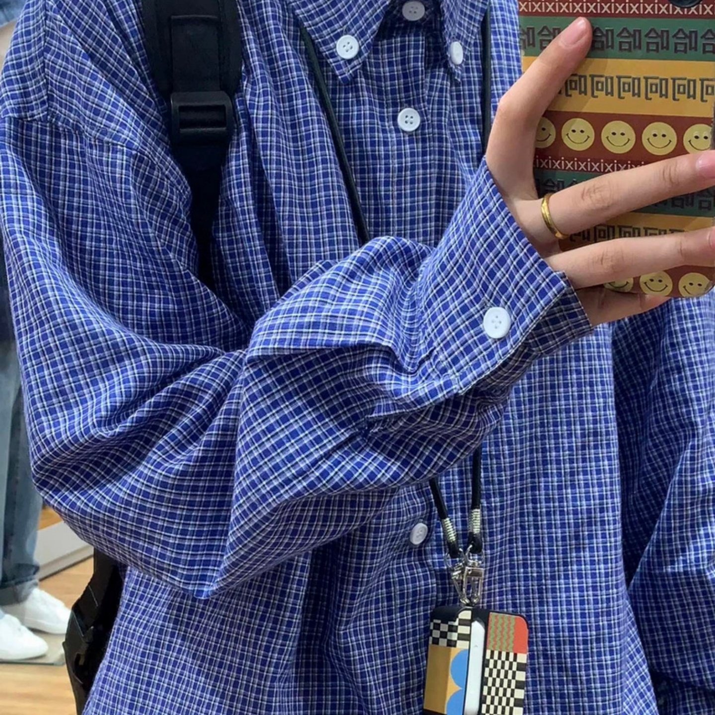 韩代款 miu系经典复古显白蓝格子宽松休闲长袖衬衫叠穿情侣款