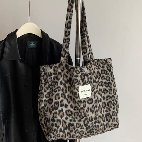 韩系复古秋冬毛绒绒的豹纹单肩包大容量毛呢托特包