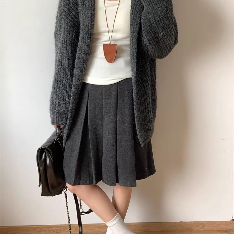 秋冬毛呢版！miu系复古高腰A字显瘦加厚毛呢百褶半身裙中裙配腰带