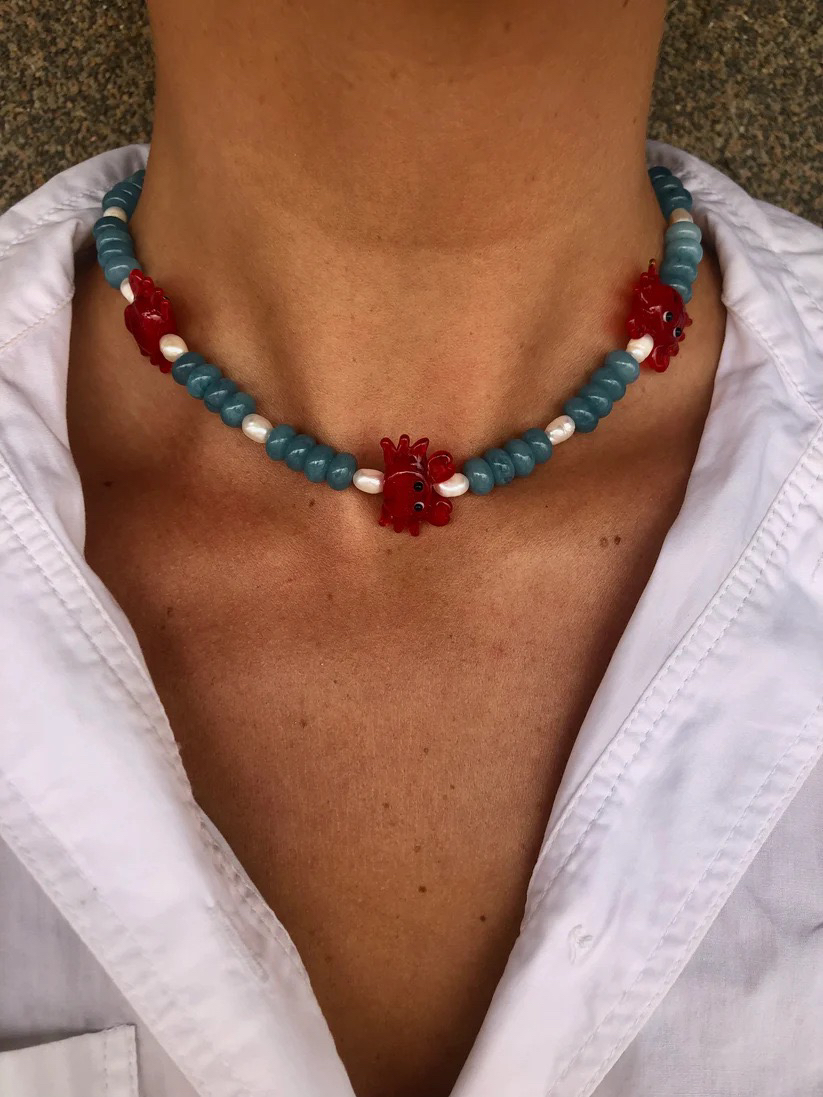 2024春夏esty个性少女可爱螃蟹天然淡水珍珠串珠锁骨链女度假项链