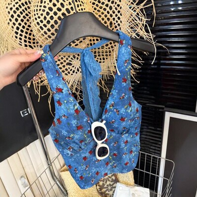 复古气质碎花v领雪纺收腰油画挂脖上衣女夏季海边度假风吊带背心