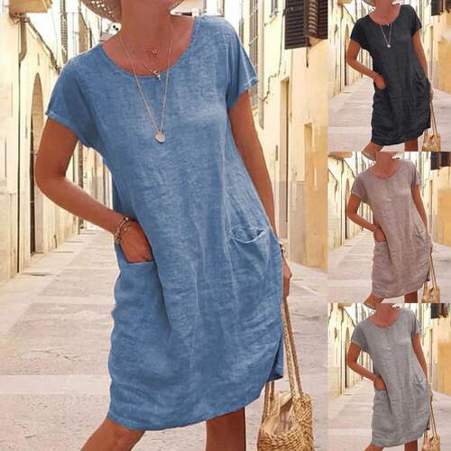 Loose Solid Color Pocket Short Sleeve Crew Neck Dress 连衣裙