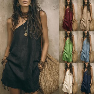 纯色无袖斜肩裙 Solid color sleeveless sloping shoulder dress