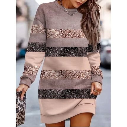 豹纹印花落肩撞色长袖连衣裙女Leopard print long sleeved dress