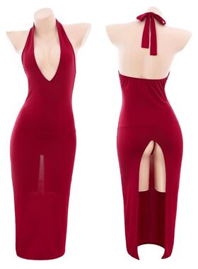 纯色深V露背连衣裙Solid color deep V-backless dress for women