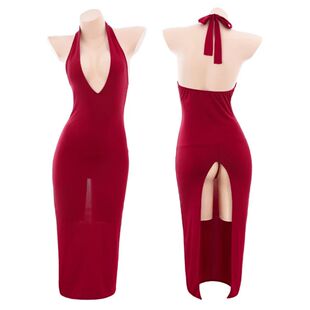 纯色深V露背连衣裙Solid color deep V-backless dress for women