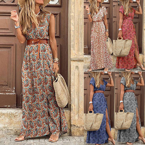 Fashionable Boho V-Neck Floral Dress 波西米亚风V领碎花连衣裙