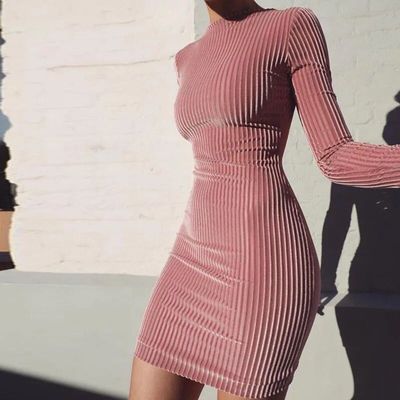 Shiny sequined pink velvet long sleeve slim dress修身连衣裙