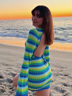 back Contrast open striped dress条纹针织露背连衣裙女 knitted