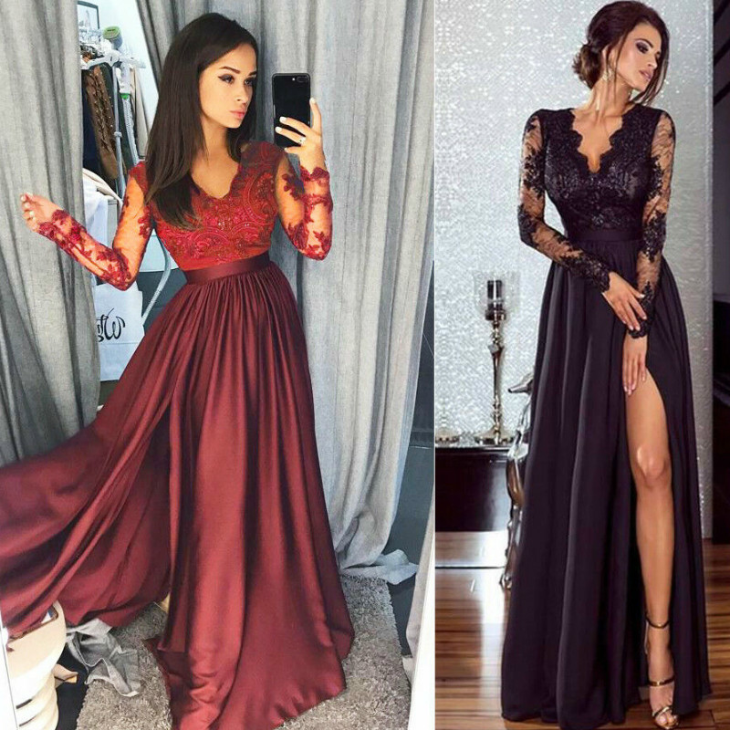 V For Party Formal High Waist Lace Maxi Dresses