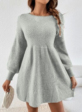 休闲纯色灯笼袖针织连衣裙女  Loose solid color knitted dress