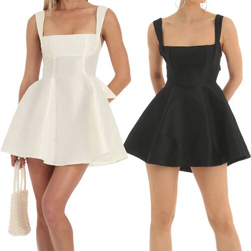 Solid color waist tied bow strap dress收腰蝴蝶结吊带连衣裙女
