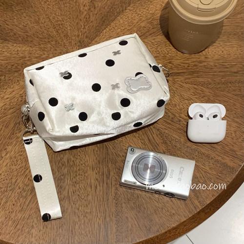 韩系温柔波点ccd相机包绸缎刺绣便携手提袋卡片机内存卡收纳保护