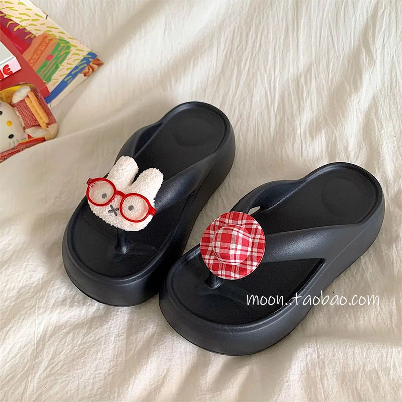 可爱眼镜兔新款厚底人字拖夏季外穿防滑夹脚海边沙滩增高凉拖鞋女