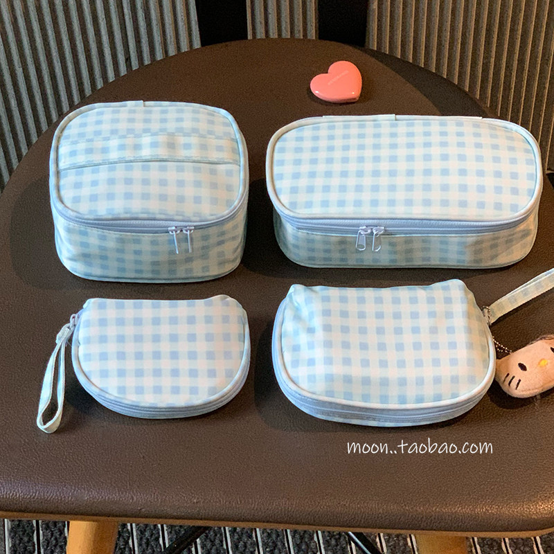 韩系蓝格四件套化妆包女大容量手提便捷旅行收纳包分区洗漱收纳袋