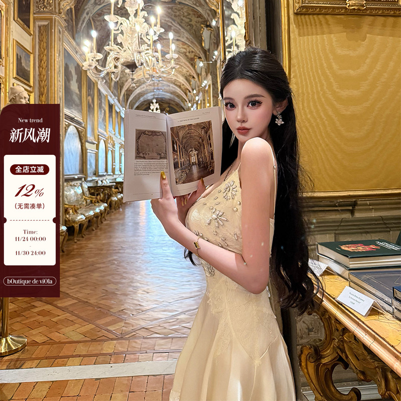 viola【中古白露】give*chy法式复古重工刺绣钉珠蕾丝拼接连衣裙