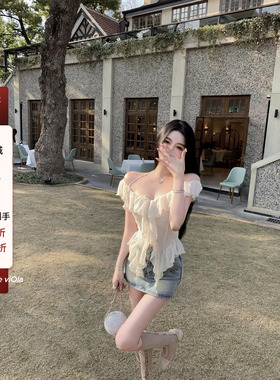 viola【水冰月】仙女上衣女夏白色甜美挂脖荷叶边吊带雪纺衫