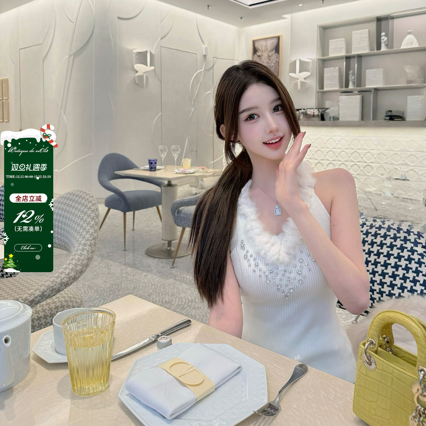 viola【奶油酥】细闪绵绵纱 中古狐狸毛手工钻两色背心纯欲百搭