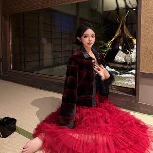 viola【鸽血红宝石】Fen*定染稀有鸽血红保暖时髦獭兔毛皮草外套
