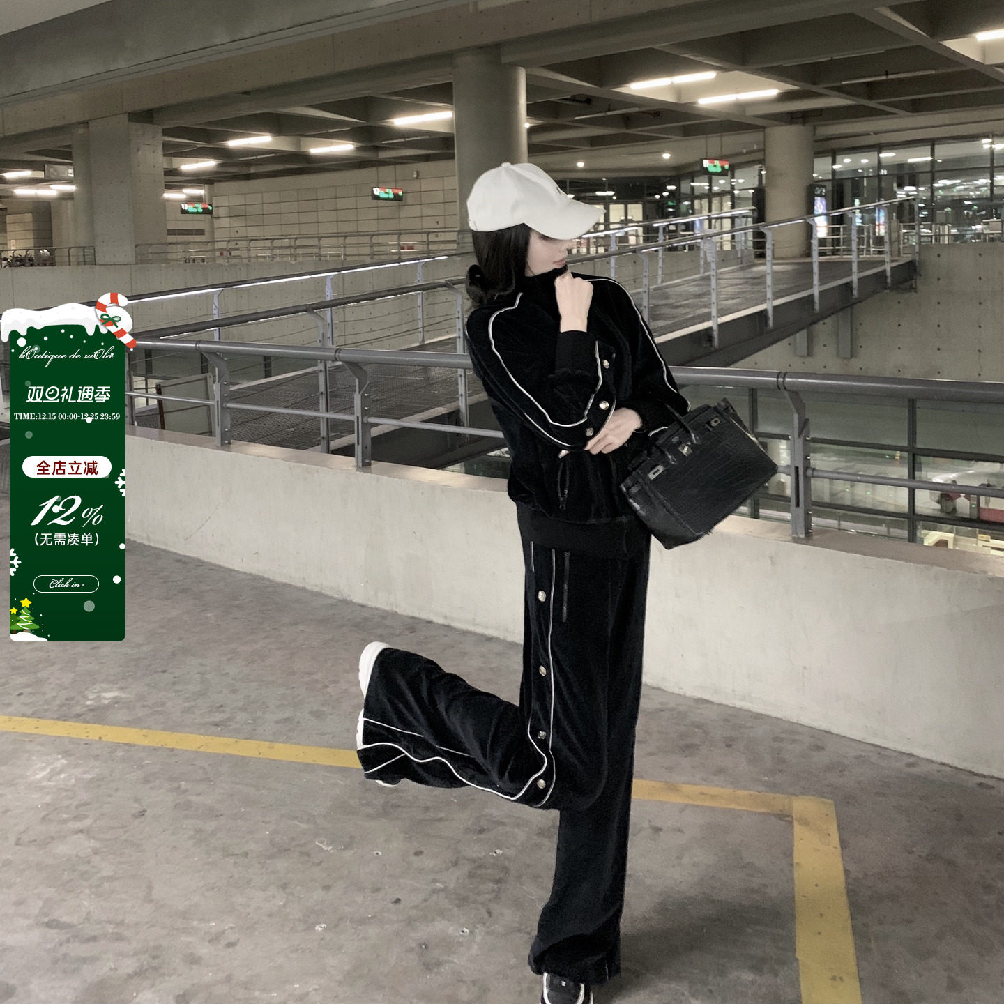 viola韩版宽松黑色丝绒套装