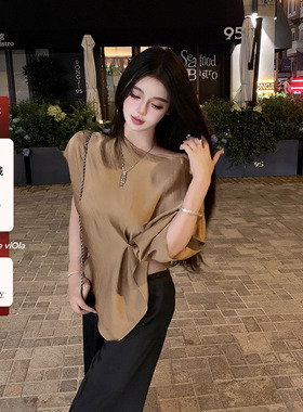 viola【中东老钱】斜肩丝质香槟金不对称设计 腰部褶皱纽扣上衣