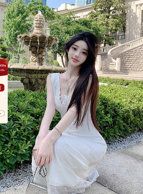 viola【白茶美人】韩国小众品牌 重工刺绣钩花拼接蕾丝 V领连衣裙