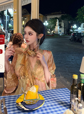 viola【南法画廊】du家印花vtg私服！重工钉珠刺绣飘带连衣裙