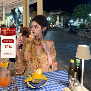 重工钉珠刺绣飘带连衣裙 du家印花vtg私服 viola 南法画廊