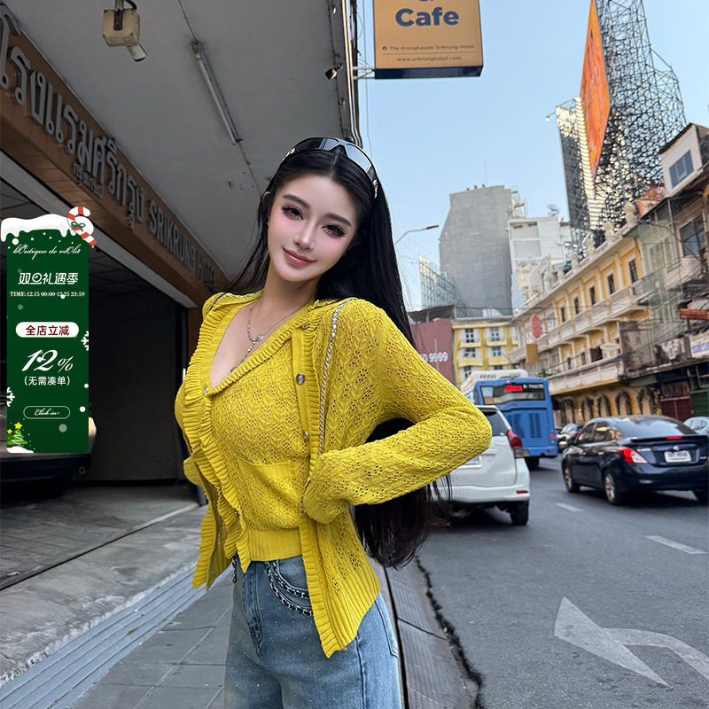 【现货】viola【招财小黄花】对版定染雏菊黄Je*nni同款针织套装