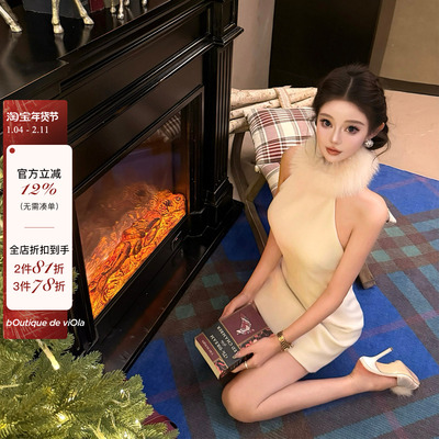 viola【冬日战裙】 惊艳出场b入 狐狸毛领口毛呢连衣裙可爱少女感