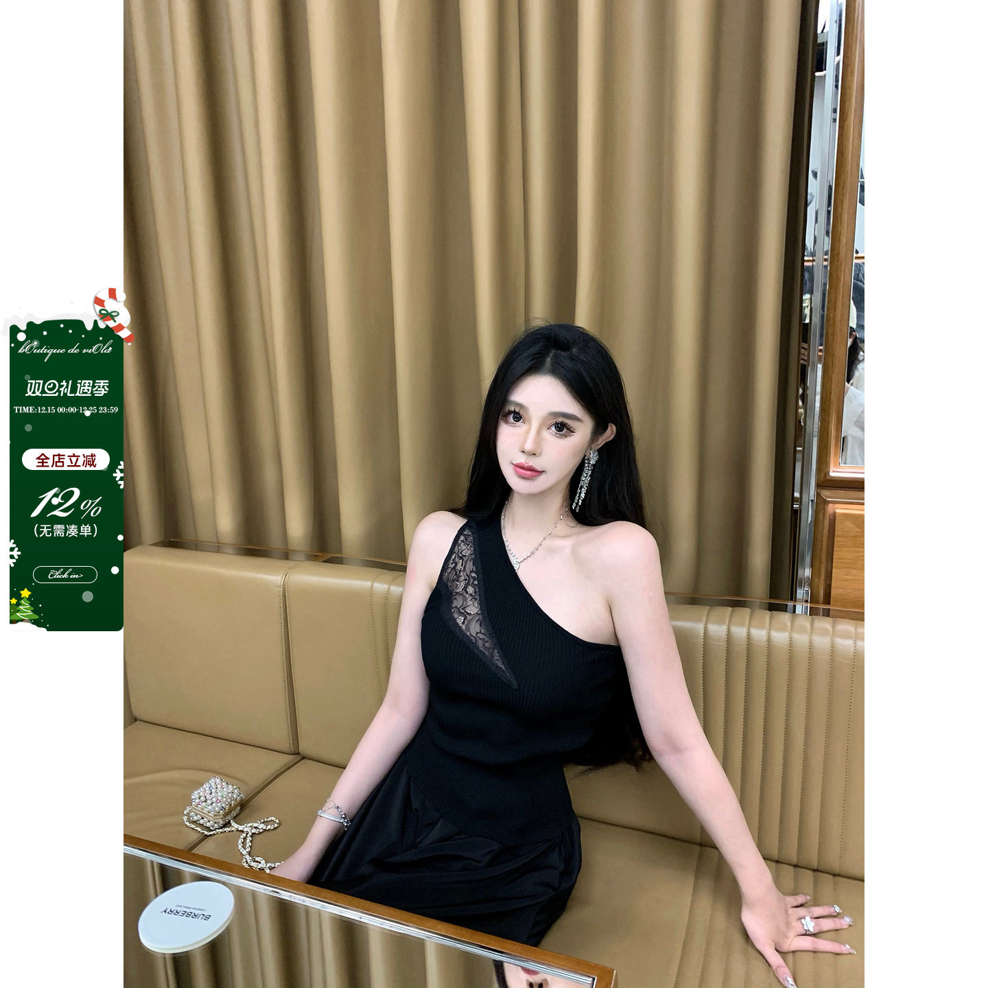 viola斜肩蕾丝飘带针织上衣