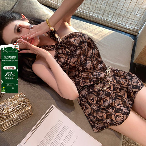 【现货】viola【古早韩女】韩女氛围感私服yb定制印花挂脖连衣裙