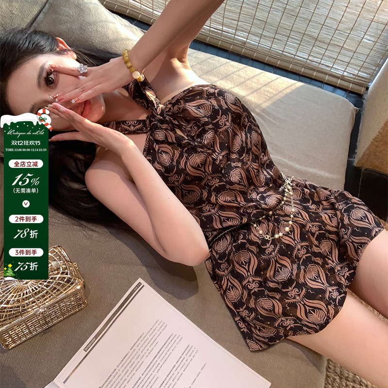 【现货】viola【古早韩女】韩女氛围感私服yb定制印花挂脖连衣裙