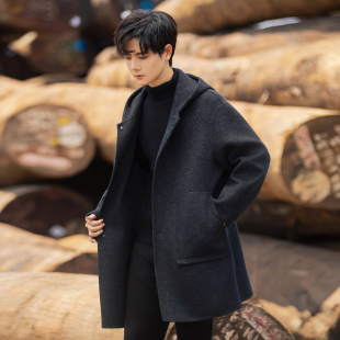 妮子风衣休闲男装 外套双面呢羊毛呢子大衣连帽冬季 毛呢中长款 男士