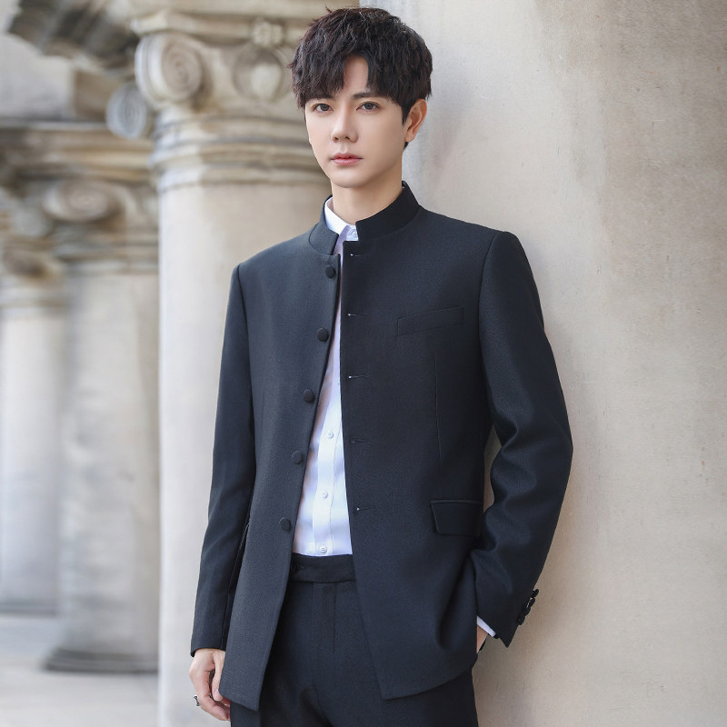 立领中山装男士修身痞帅新郎结婚礼服潮流西服套装新中式国风外套