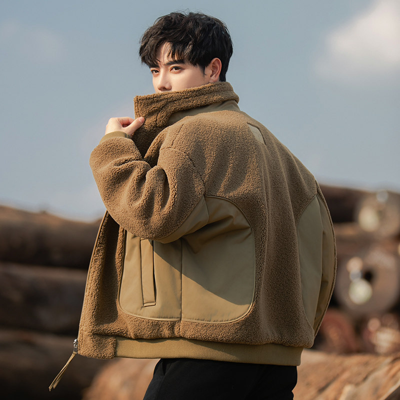 双面穿颗粒绒外套男士秋冬季新款加厚保暖羊羔绒皮毛一体夹克冬装