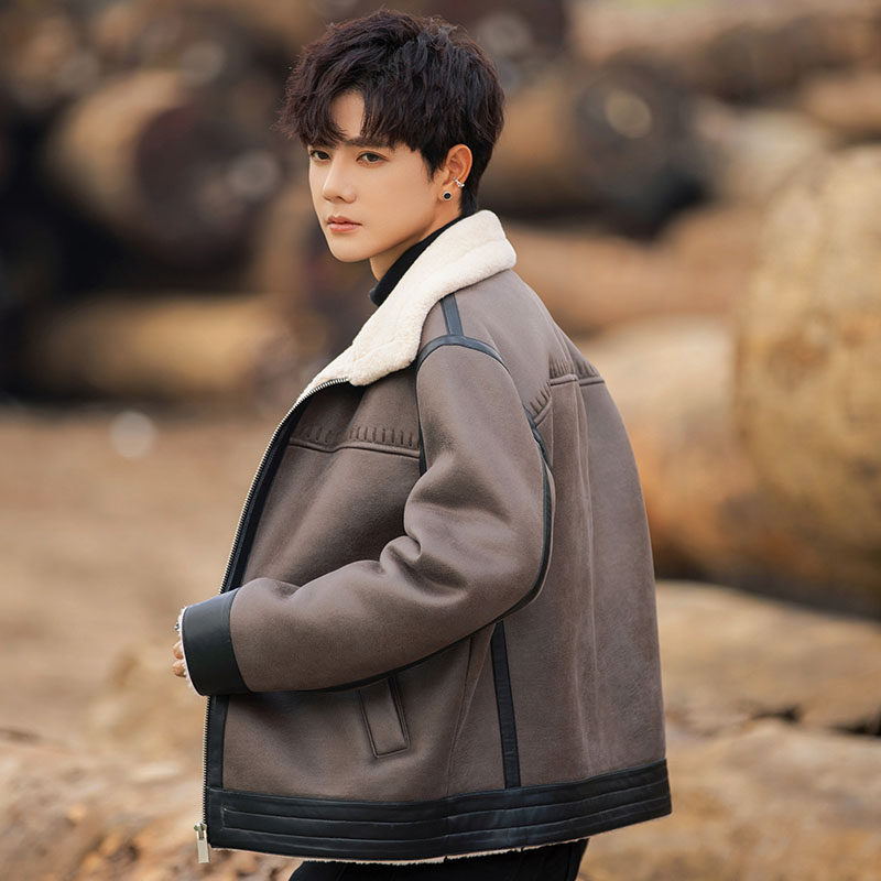 羊羔毛外套男士冬季加厚24新款防寒保暖皮毛一体高级感机车夹克潮