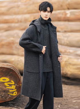 呢子大衣男士新款双面毛呢外套连帽长款呢子风衣青少年加厚上衣