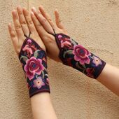 中国潮流民族风刺绣花棉手套护腕套帆布时尚 百搭舞蹈配饰半指宽手