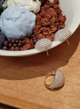 S925通体纯银豆豆推荐张悦儿同款镂空圆球耳环 高级感复古食指环