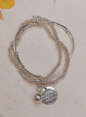 925纯银圆珠字母圆牌手链三层多圈银珠英文弹力手串巨百搭手饰潮