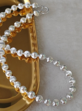 S925纯银重工猫眼珠项链高级轻奢磨砂拉丝圆球OT扣锁骨链转运手链