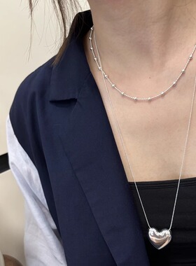 S925通体纯银韩国重工珠珠链时尚光面大爱心项链ins长款毛衣链潮