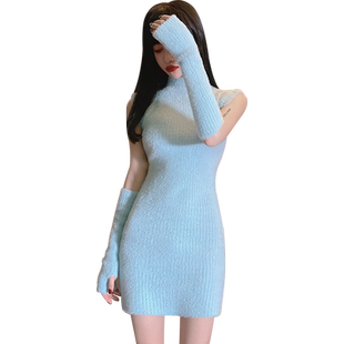 软糯甜辣妹性感紧身包臀短裙打底裙长袖内搭针织毛衣连衣裙女秋冬