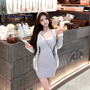 开衫 纯欲套装 撞色U领针织吊带连衣裙性感紧身包臀裙短裙两件套女